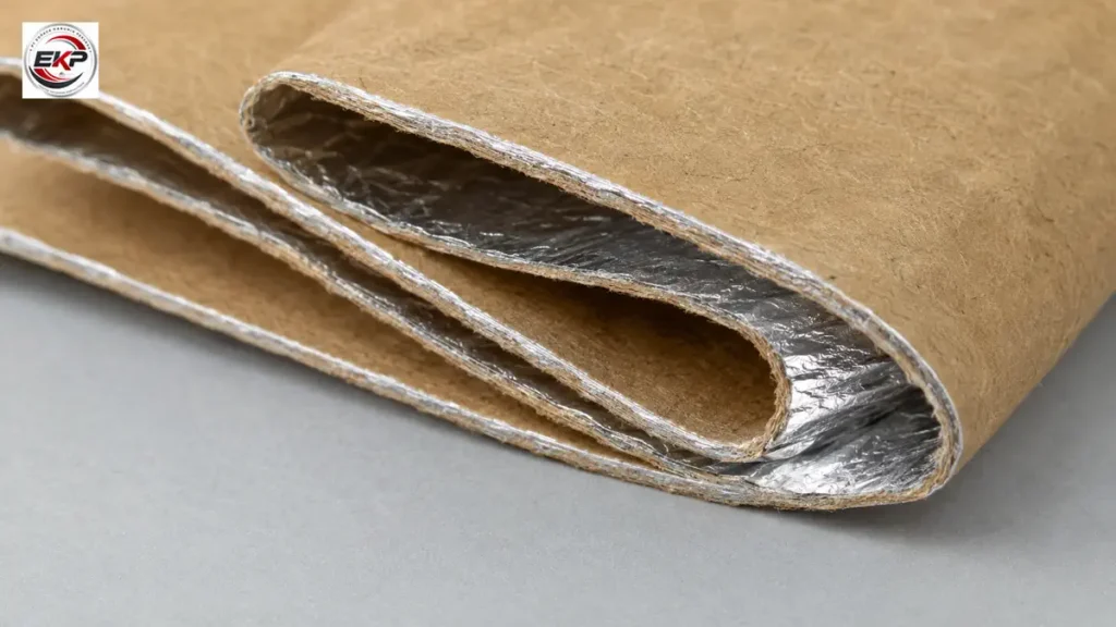 Detail material Kertas Kraft Laminasi Aluminium Foil pada tepi lembaran.
