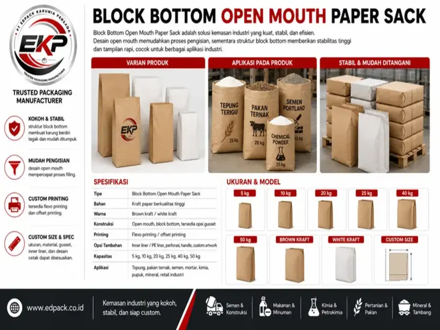 Paper sack industri untuk kemasan bubuk, granul, dan pellet