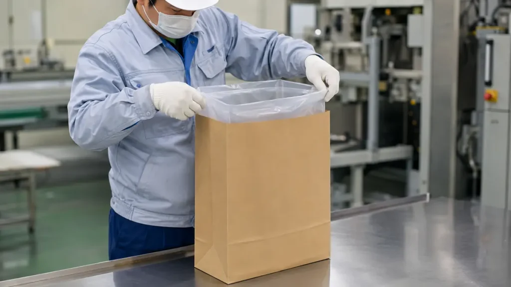 Pemasangan inner plastik HDPE film untuk paper sack