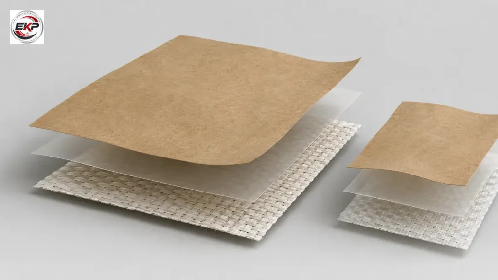 Penampang struktur Kertas Kraft, lapisan pengikat, dan woven polymer reinforcement.
