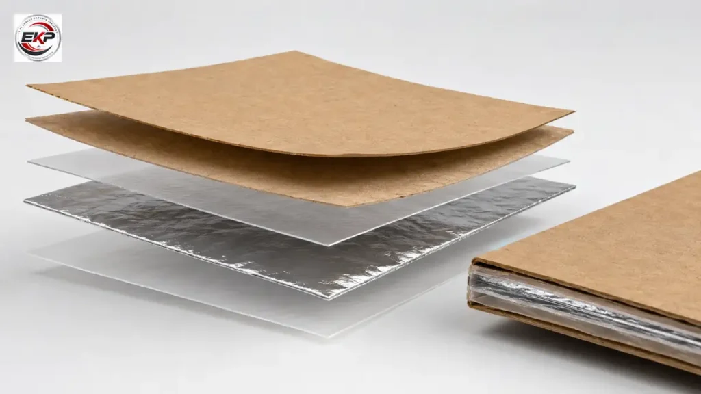 Penampang multiwall paper sack dengan lapisan Kertas Kraft dan aluminium foil.