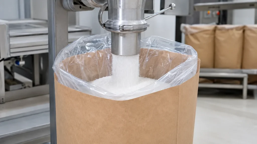 Kelebihan Sewn Paper Sack untuk Produk Curah Industri 3 Pengisian Paper sack dengan inner linner lldpe