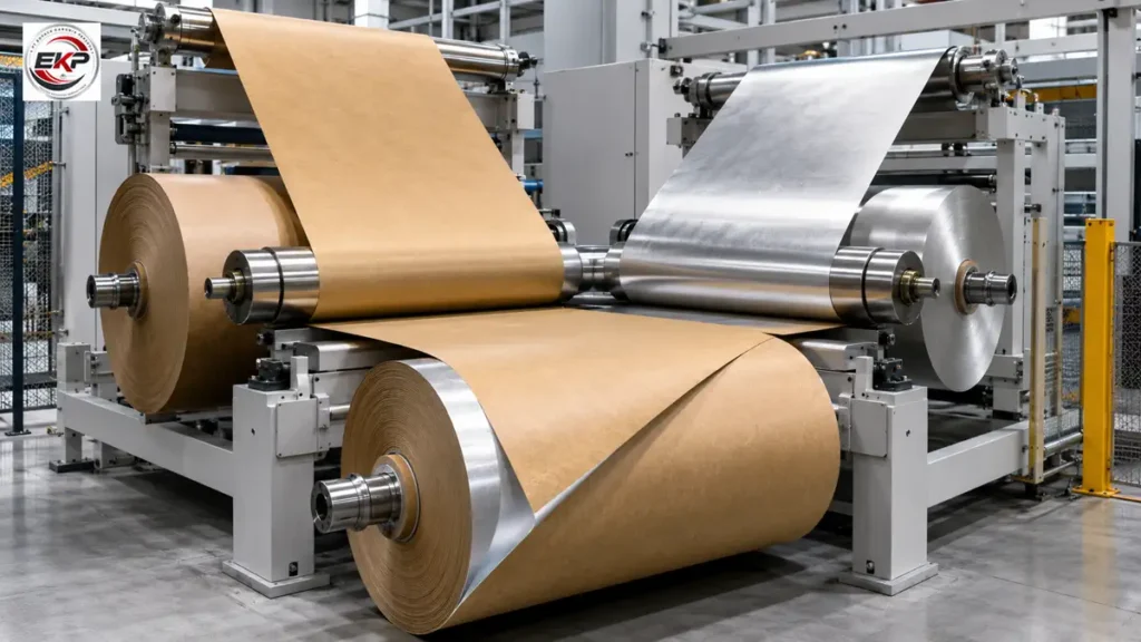 Proses laminasi Kertas Kraft dan aluminium foil pada mesin industri.
