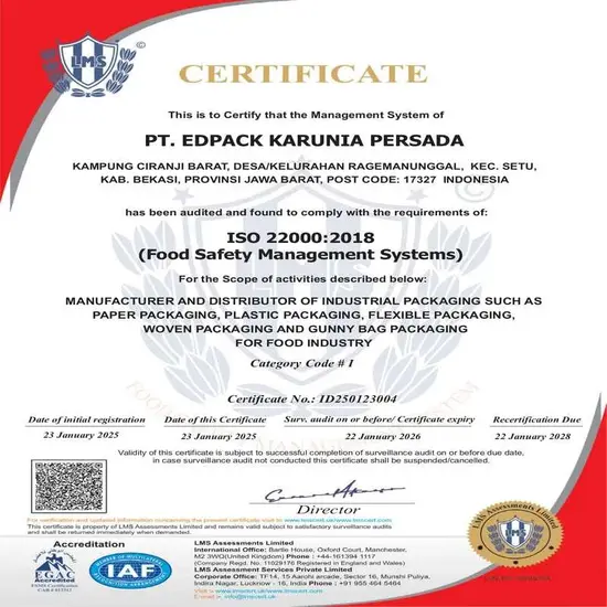 Sertifikat ISO 22000:2018 PT Edpack Karunia Persada