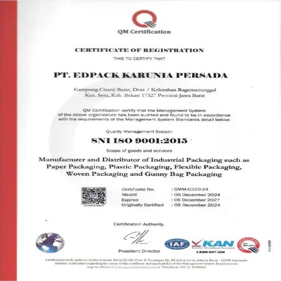 Sertifikat ISO 9001:2015 PT Edpack Karunia Persada