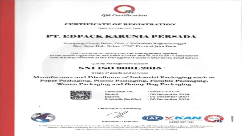 Sertifikat ISO 9001 Tahun 2015.