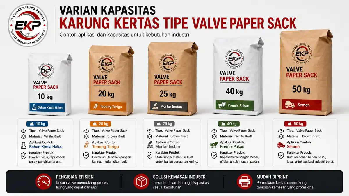Karung Kertas Mortar: Jangan Biarkan Valve Menghambat Filling 3 Contoh variasi kapasitas Valve Paper Sack 10 hingga 50 kg