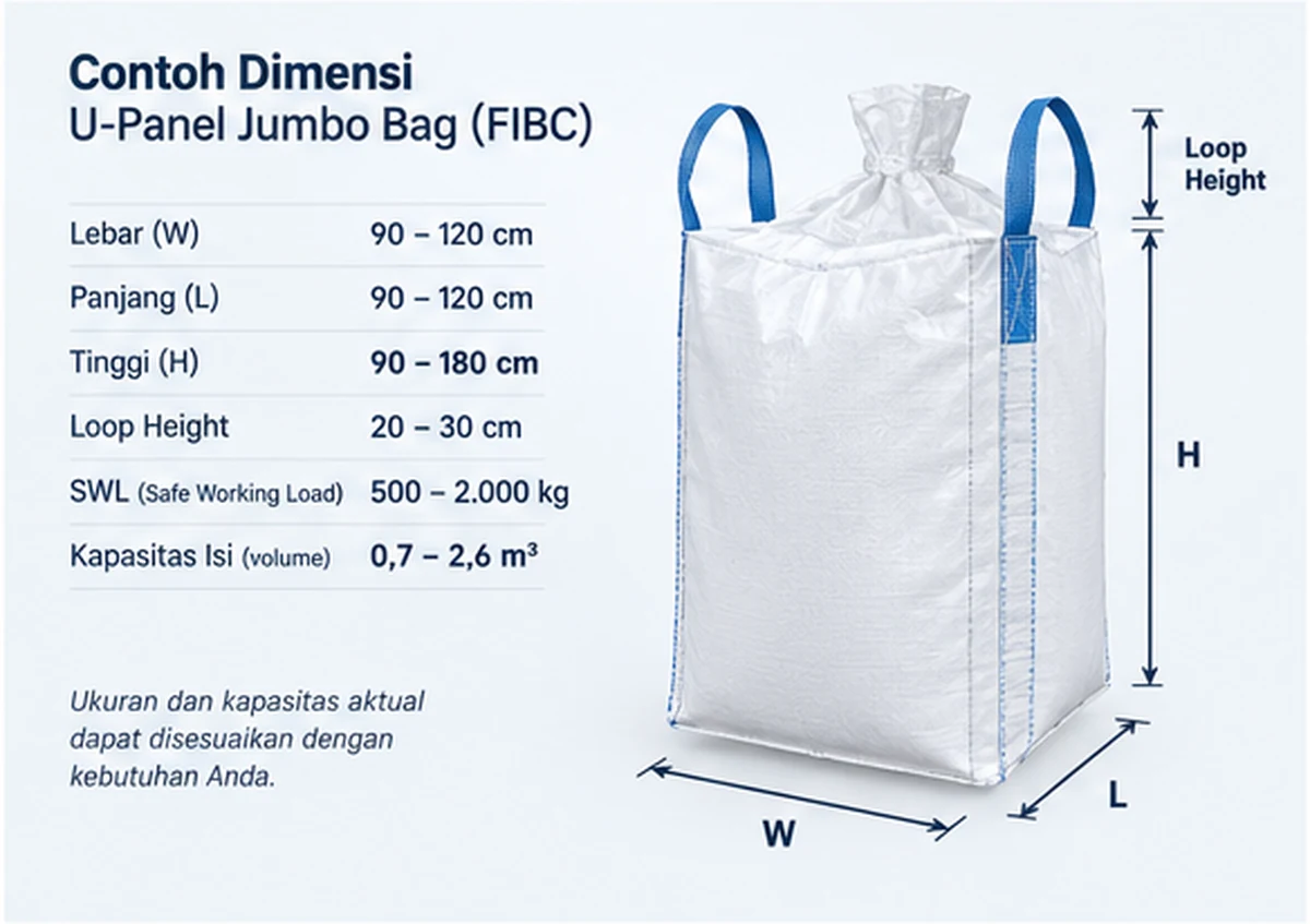 Ukuran dan referensi kapasitas U-Panel Jumbo Bag FIBC