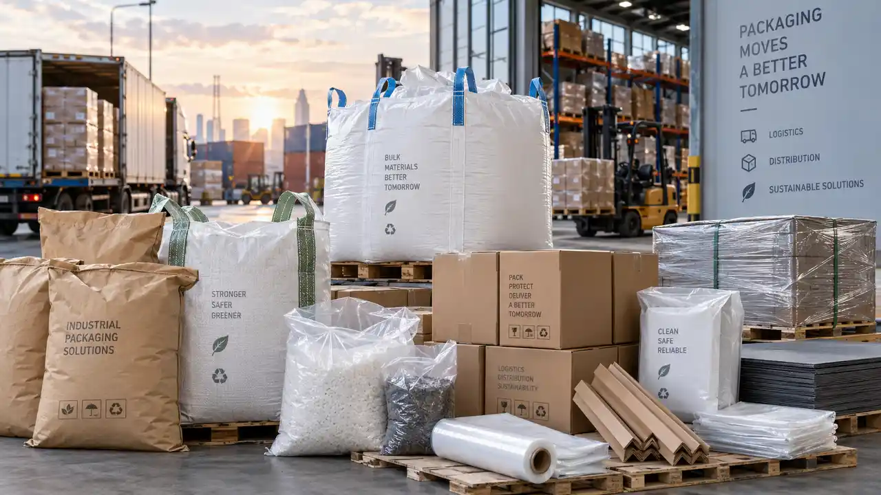 Gabungan solusi kemasan industri logistik dan distribusi untuk gudang, pallet, dan pengiriman