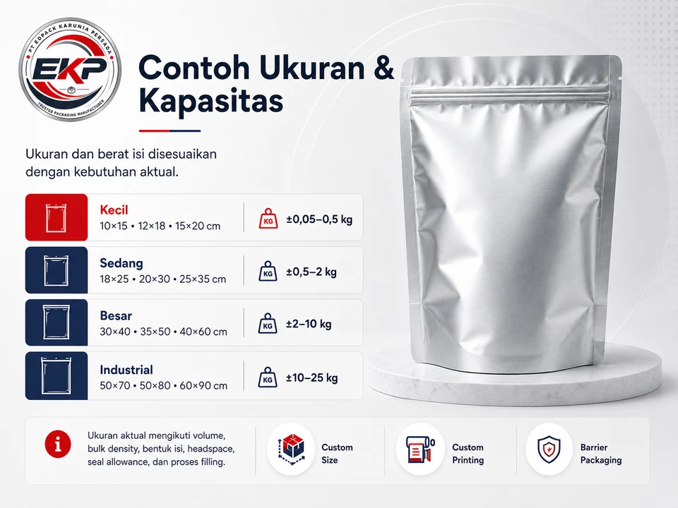 Contoh ukuran dan kapasitas Aluminium Bag