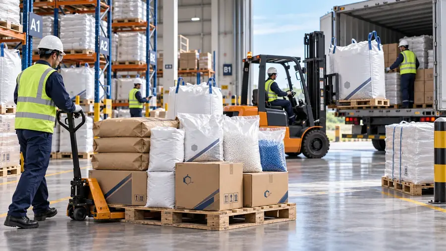 Handling pallet, forklift, gudang, dan distribusi Kemasan Industri Kimia
