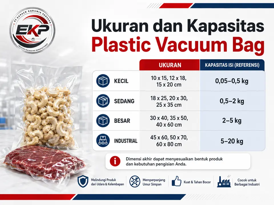 Referensi ukuran dan kapasitas Plastic Vacuum Bag