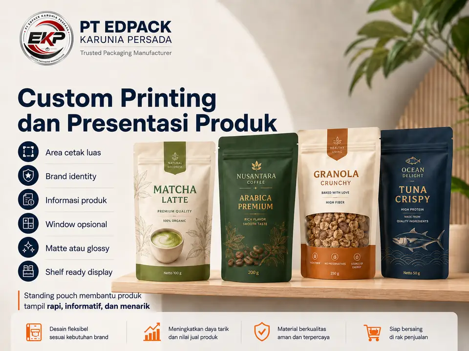 Custom printing dan presentasi produk Standing Pouch