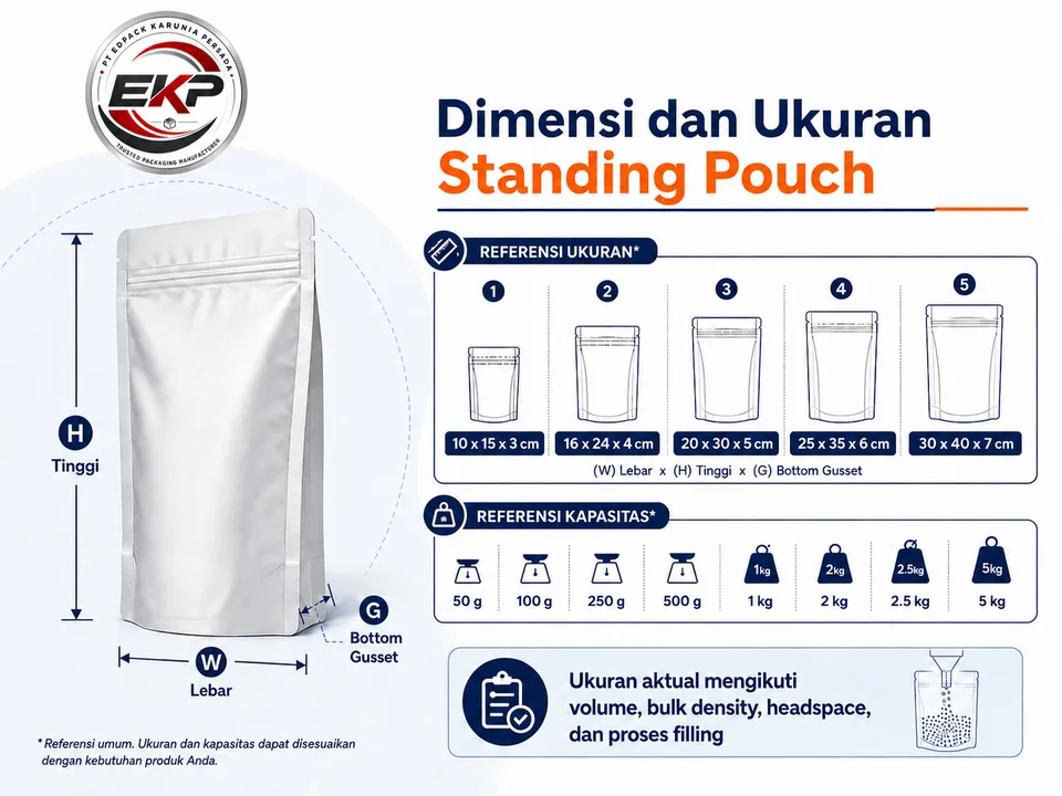 Referensi ukuran dan kapasitas Standing Pouch