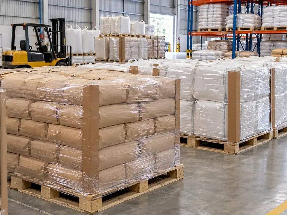 Pallet kemasan tepung dan bahan pangan bubuk dengan pelindung sudut dan stretch film di gudang