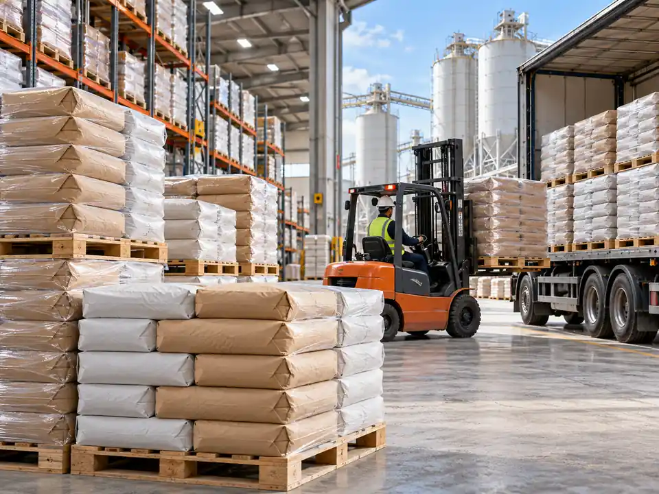 Palletizing gudang forklift dan distribusi kemasan semen mortar