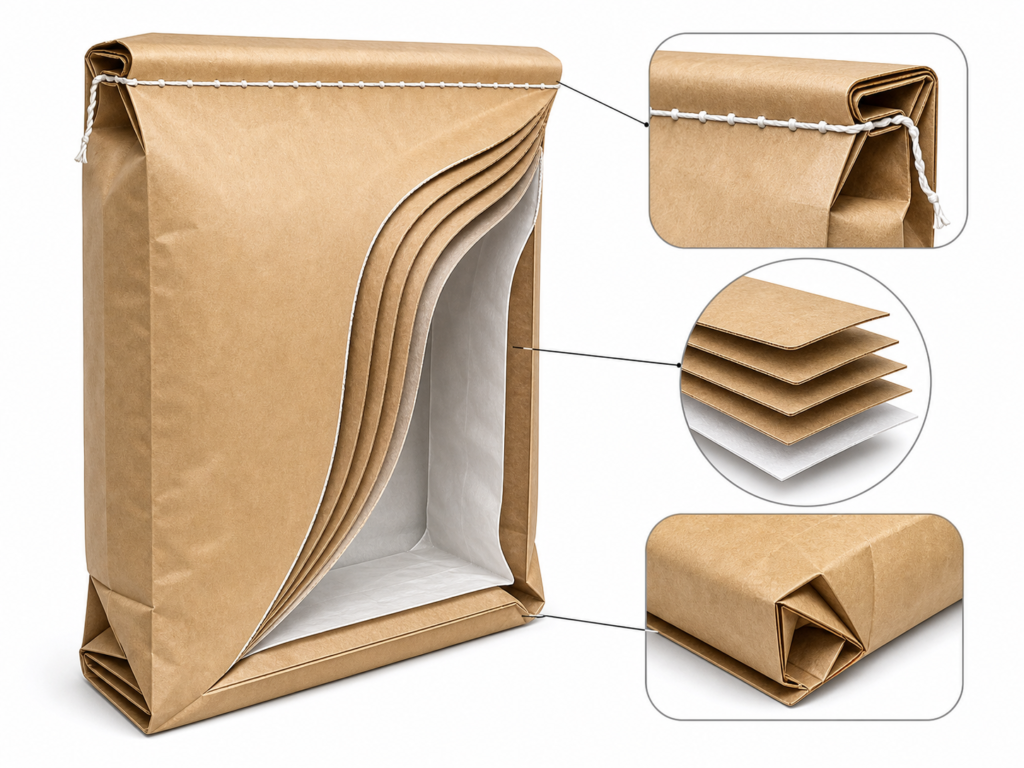 Create a clean technical cutaway illustration of a sewn paper sack: multiwall kraft paper plies, optional inner liner,
