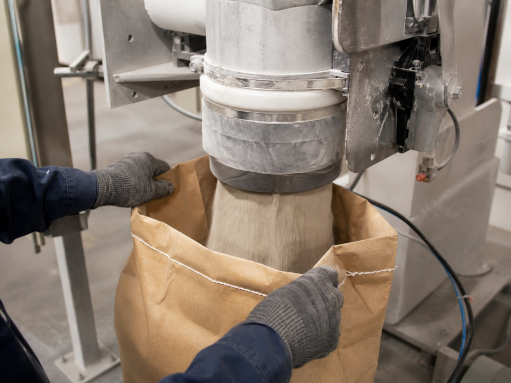 Professional industrial photograph, close-up of an automated powder filling spout filling an unbranded kraft sewn paper sack, visible