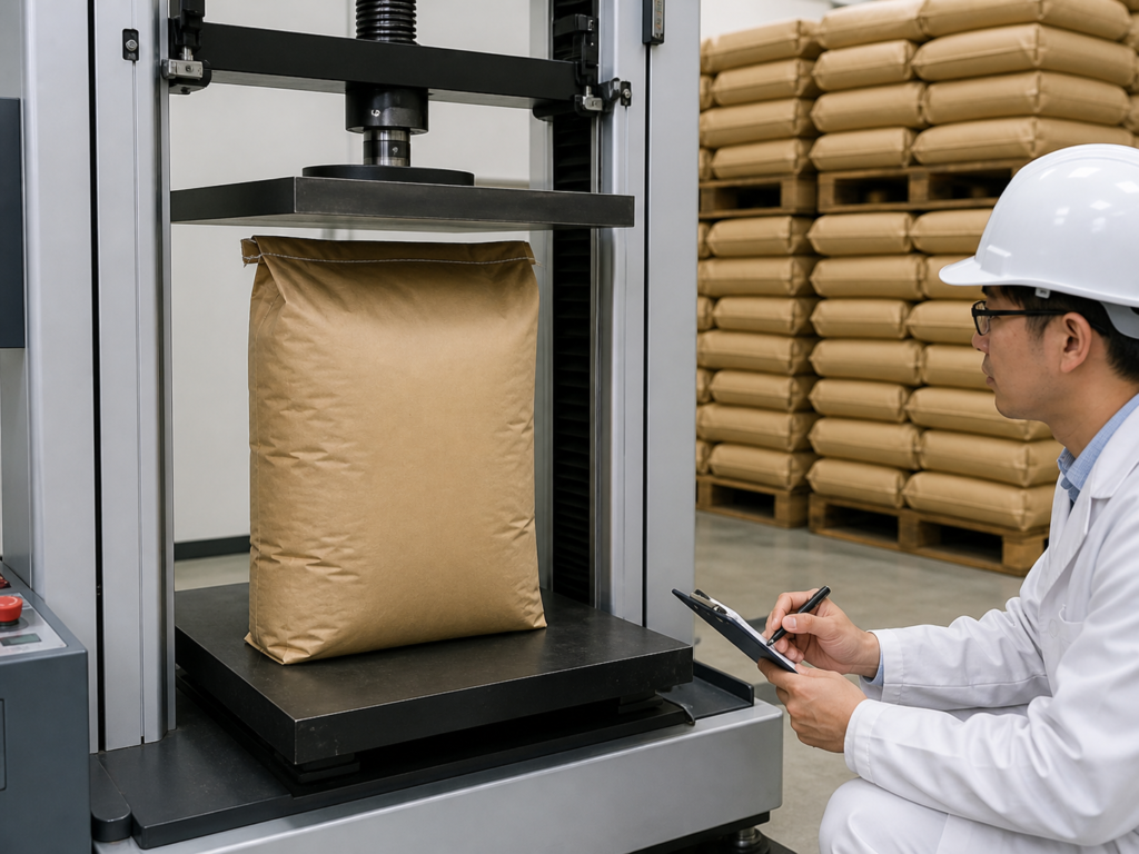 Professional packaging quality-control photograph: kraft sewn paper sack being checked on a compression test platform with palletized bags