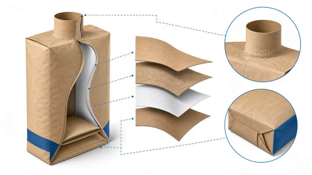 Professional technical cutaway infographic render of a multiwall kraft paper valve sack. Show layers: outer kraft paper, optional