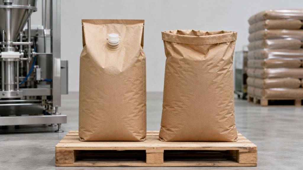 Professional industrial packaging comparison scene, two filled brown kraft paper sacks on a pallet: one valve paper sack