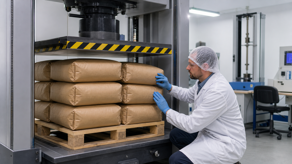 Professional industrial quality-testing image: filled kraft paper valve sacks being tested in a packaging laboratory, compression platen above