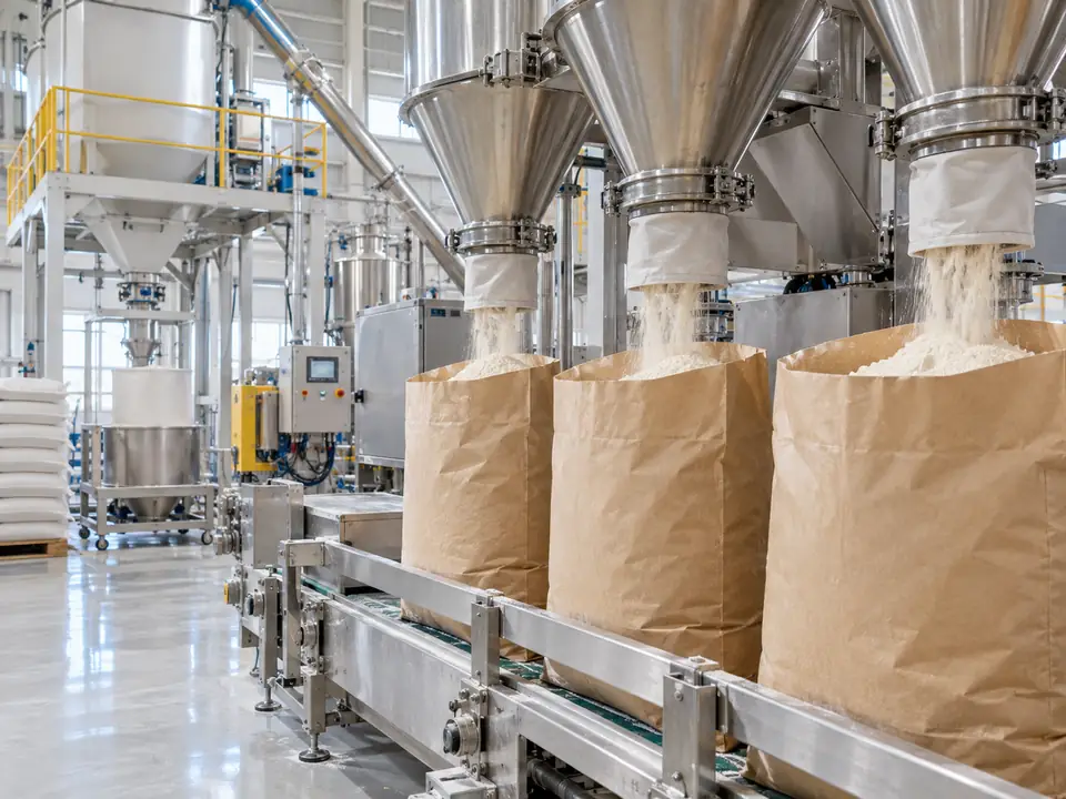 Pengisian bahan pangan bubuk melalui hopper dan jalur mesin ke kemasan industri
