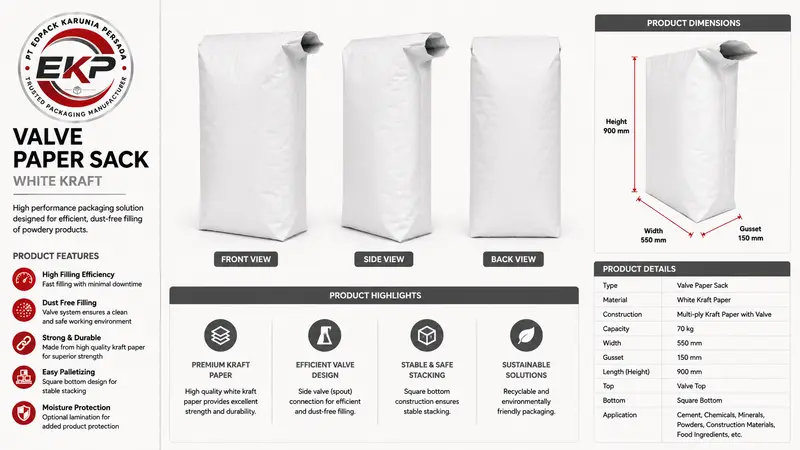 Karung Kertas untuk Industri Pangan: Tipe, Material, Keamanan, dan Pemilihan Spesifikasi 4 Valve Paper Sack white kraft.