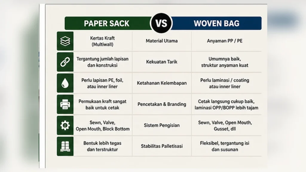 Paper Sack vs Woven Bag: Perbedaan, Keunggulan, dan Cara Memilih 3 Infografik perbandingan paper sack vs woven bag