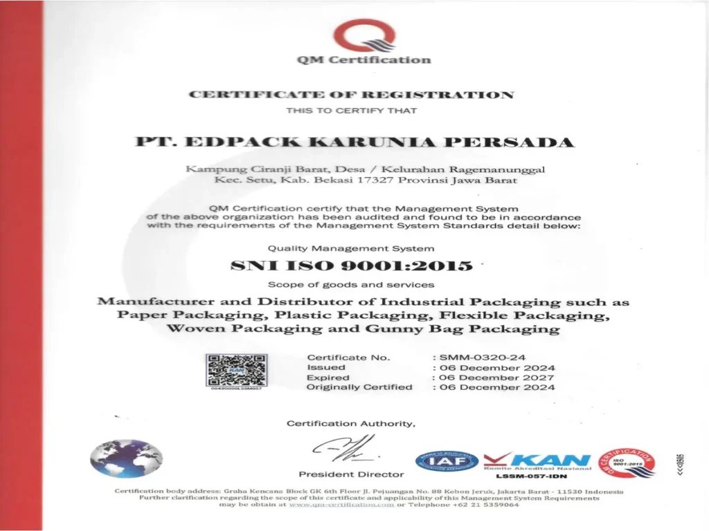 PT Edpack Karunia Persada Resmi Memperoleh Sertifikasi ISO 9001 : 2015 1 Sertifikat SNI ISO 9001 - 2015 EdPack Karunia Persada