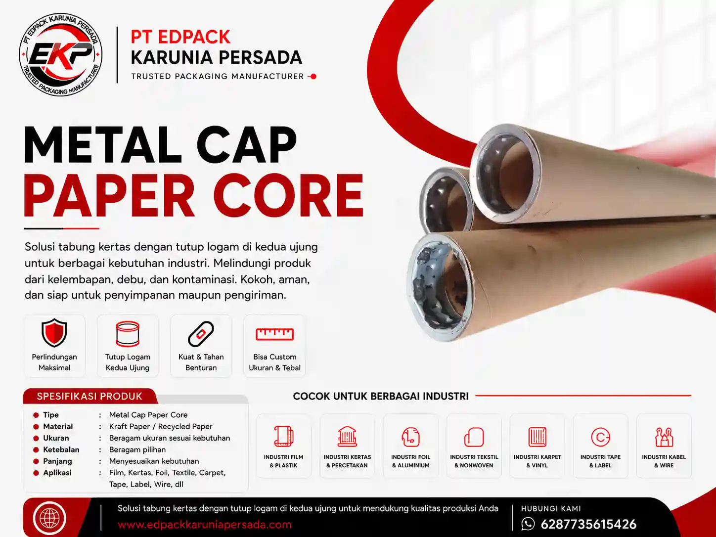 Metal Cap Paper Core Tabung dan Selongsong Kertas dengan Tutup Logam EdPack