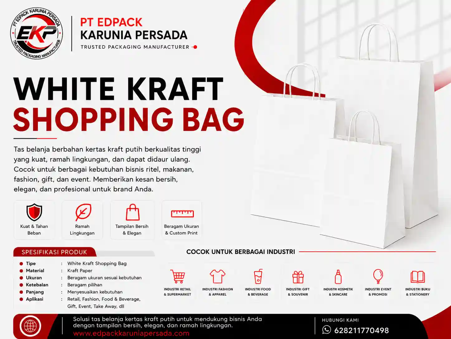 White Kraft Shopping Bag Tas Belanja Kantong Kertas Kraft Putih EdPack