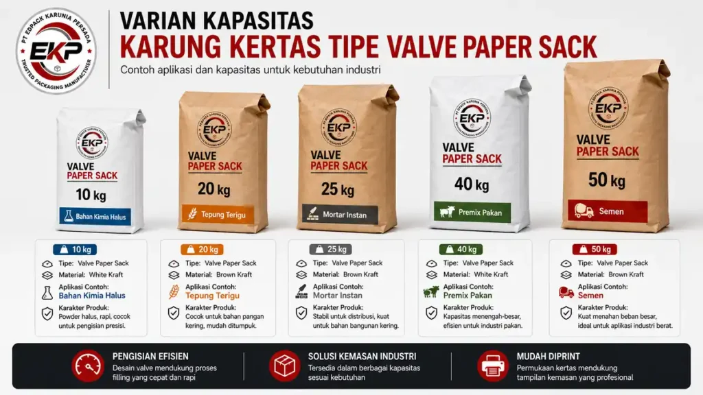 Kapasitas Karung Kertas 5,10, 20, 25–50 kg dan Cara Menentukannya 3 Variasi Kapasitas Karung Kertas Valve Paper Sack