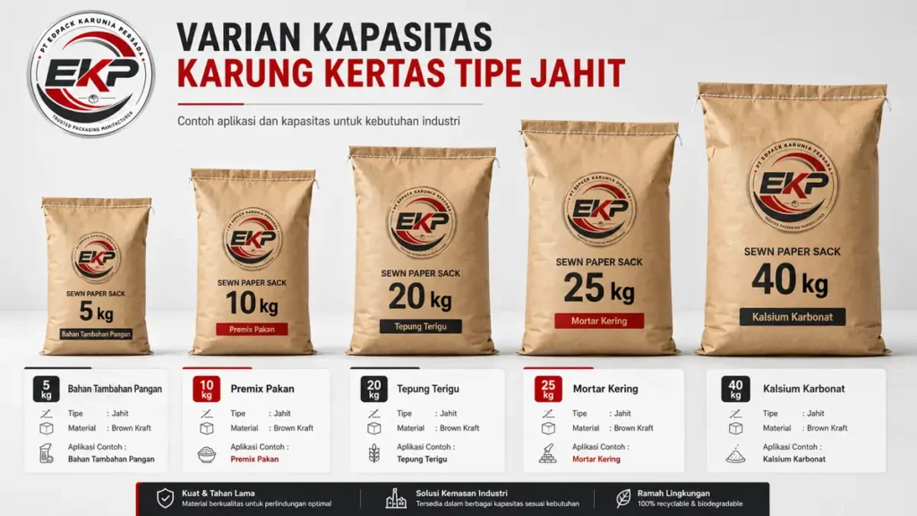 Kapasitas Karung Kertas 5,10, 20, 25–50 kg dan Cara Menentukannya 1 Variasi Kapasitas Karung kertas tipe jahit