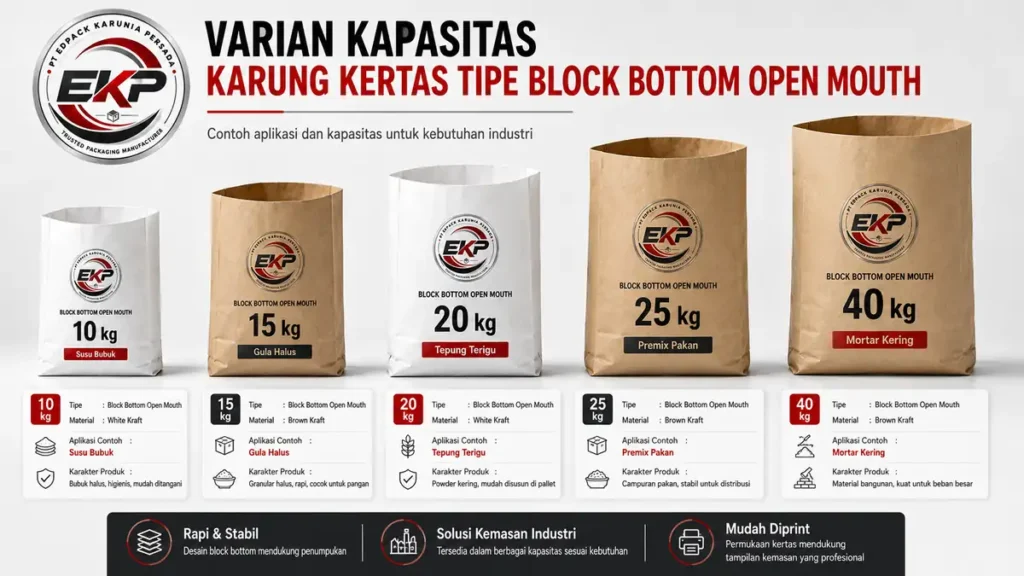 Kapasitas Karung Kertas 5,10, 20, 25–50 kg dan Cara Menentukannya 2 Variasi kapasitas paper sack block bottom open mouth